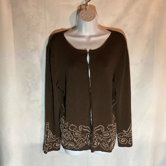 Coldwater Creek Sweaters - 47-7 COLDWATER CREEK brown white seed bead embroidery eyehook cardigan L